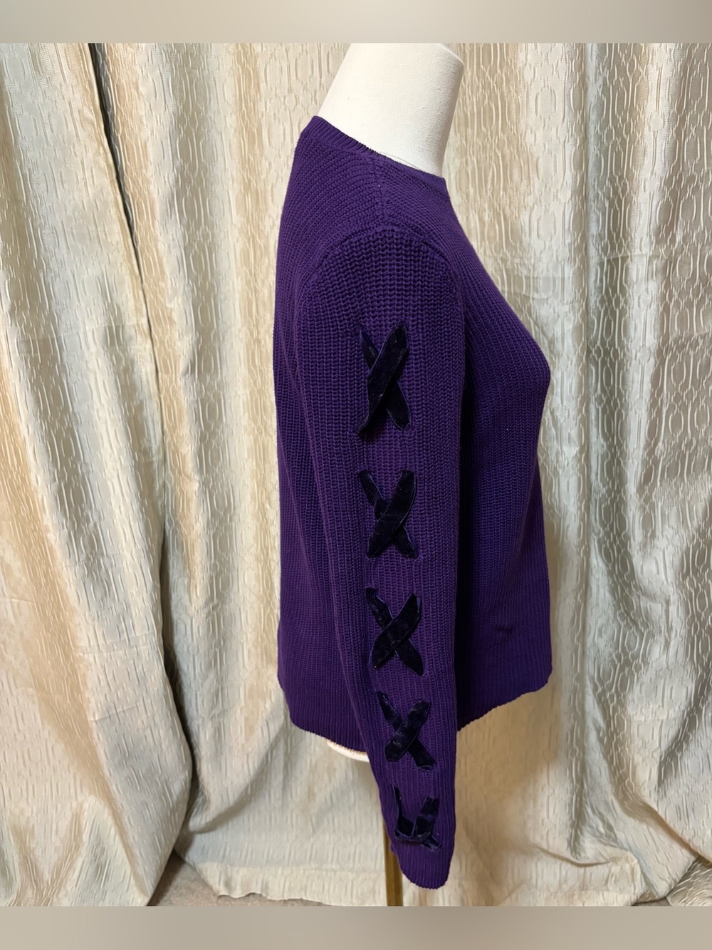 Ralph Lauren 100% Cotton Knit Sweater Velour velvet Criss Cross Sleeve Straps